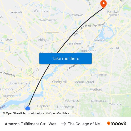 Amazon Fulfillment Ctr - West Deptford to The College of New Jersey map