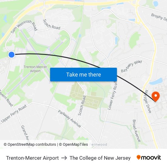 Trenton-Mercer Airport to The College of New Jersey map