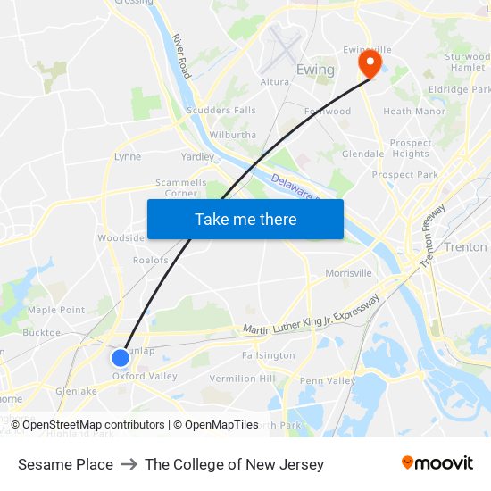 Sesame Place to The College of New Jersey map