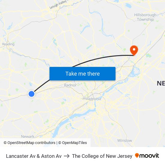Lancaster Av & Aston Av to The College of New Jersey map