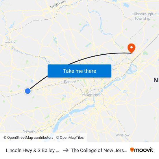 Lincoln Hwy & S Bailey Rd to The College of New Jersey map
