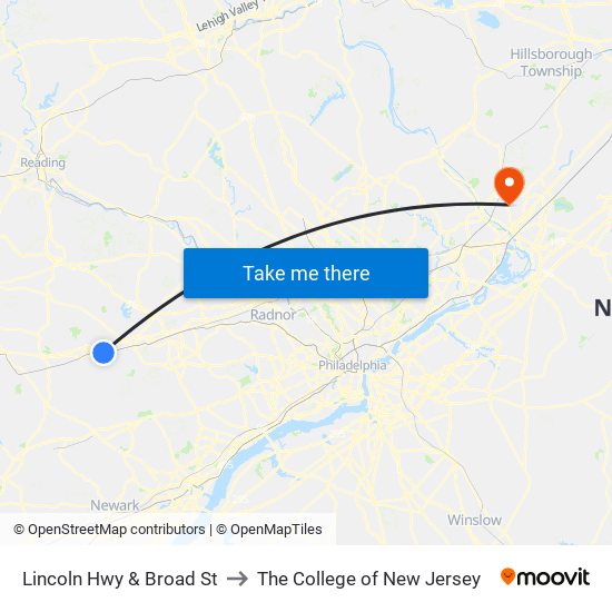 Lincoln Hwy & Broad St to The College of New Jersey map