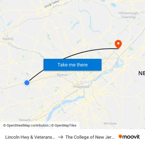 Lincoln Hwy & Veterans Dr to The College of New Jersey map