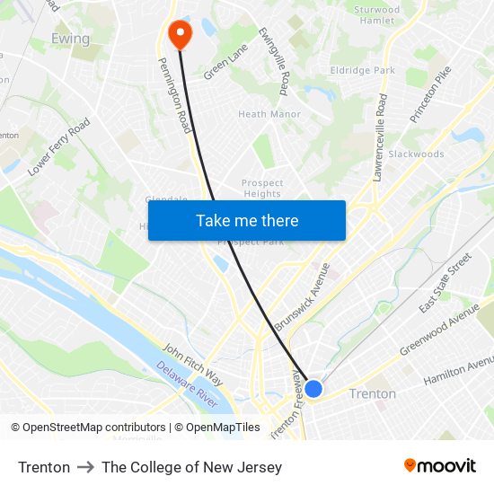 Trenton to The College of New Jersey map