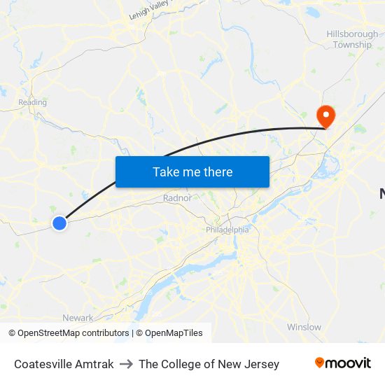 Coatesville Amtrak to The College of New Jersey map