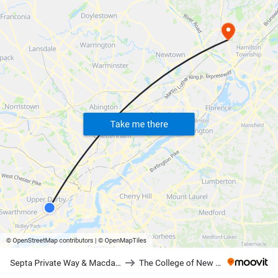 Septa Private Way & Macdade Blvd to The College of New Jersey map