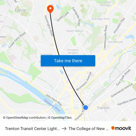 Trenton Transit Center Light Rail Sta to The College of New Jersey map