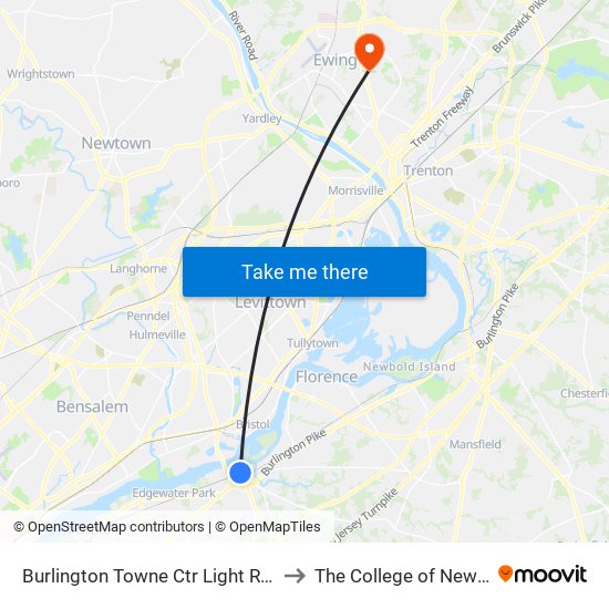 Burlington Towne Ctr Light Rail Station to The College of New Jersey map