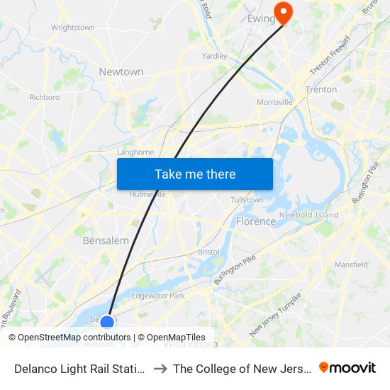 Delanco Light Rail Station to The College of New Jersey map