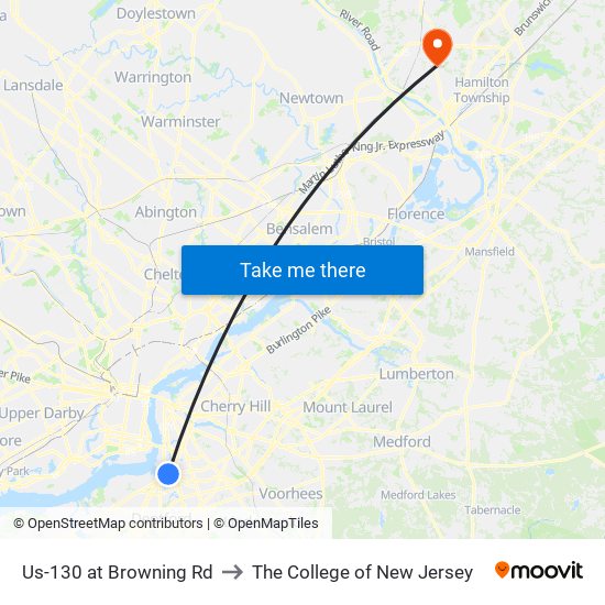 Us-130 at Browning Rd to The College of New Jersey map