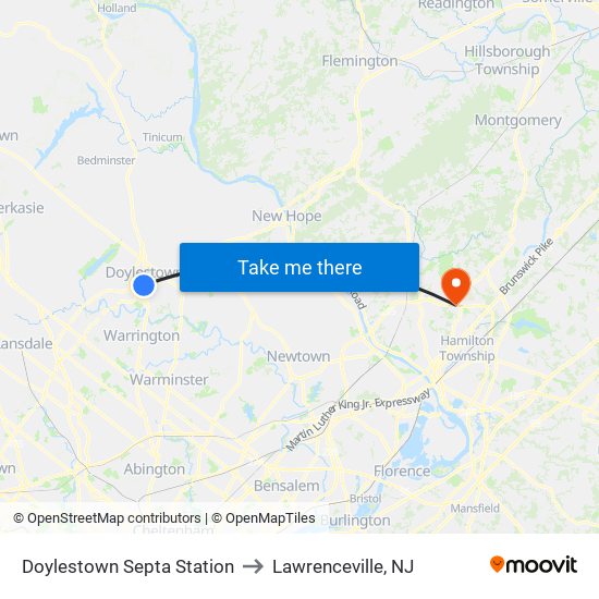 Doylestown Septa Station to Lawrenceville, NJ map