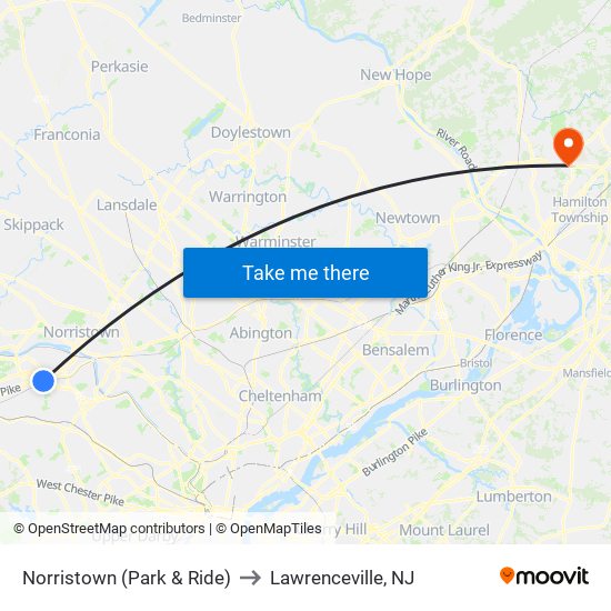 Norristown (Park & Ride) to Lawrenceville, NJ map