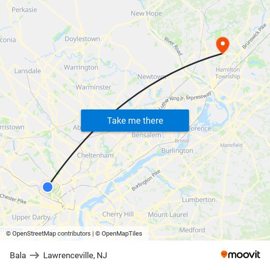 Bala to Lawrenceville, NJ map