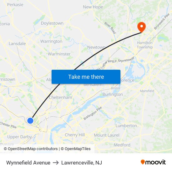 Wynnefield Avenue to Lawrenceville, NJ map
