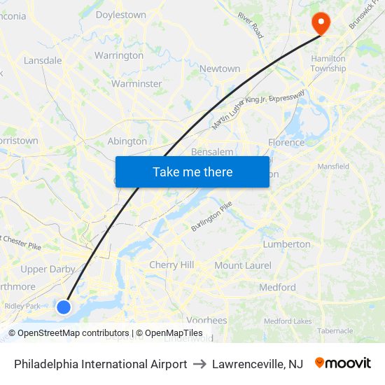 Philadelphia International Airport to Lawrenceville, NJ map