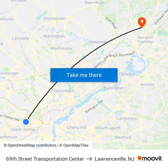 69th Street Transportation Center to Lawrenceville, NJ map