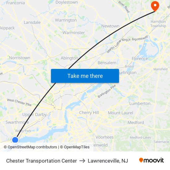 Chester Transportation Center to Lawrenceville, NJ map