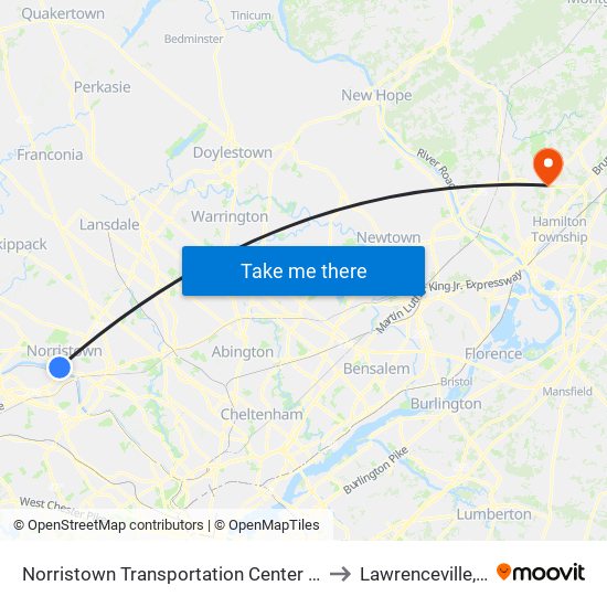 Norristown Transportation Center - Nhsl to Lawrenceville, NJ map