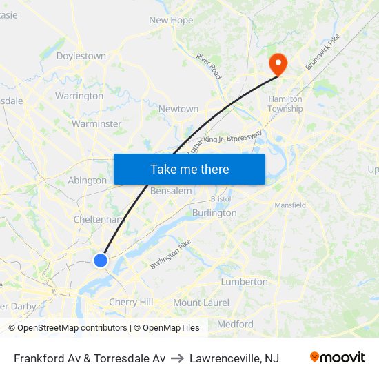 Frankford Av & Torresdale Av to Lawrenceville, NJ map
