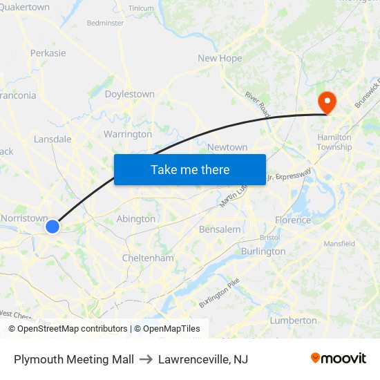 Plymouth Meeting Mall to Lawrenceville, NJ map