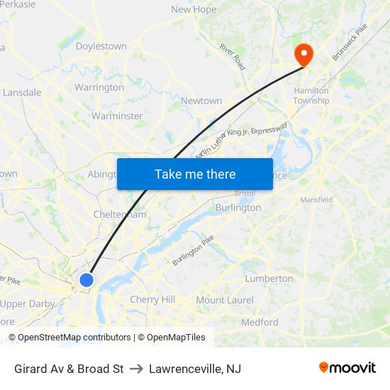 Girard Av & Broad St to Lawrenceville, NJ map