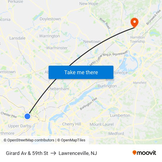 Girard Av & 59th St to Lawrenceville, NJ map