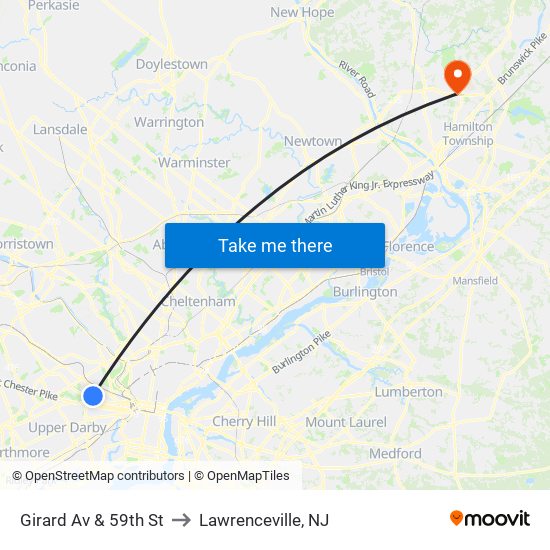 Girard Av & 59th St to Lawrenceville, NJ map