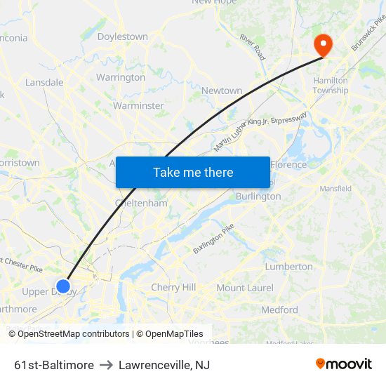 61st-Baltimore to Lawrenceville, NJ map