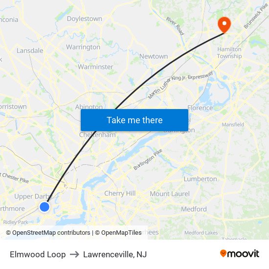Elmwood Loop to Lawrenceville, NJ map