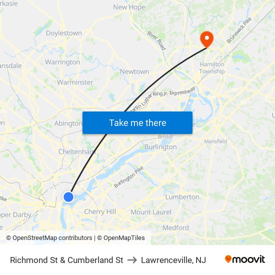 Richmond St & Cumberland St to Lawrenceville, NJ map