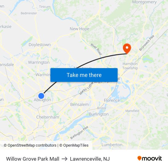 Willow Grove Park Mall to Lawrenceville, NJ map