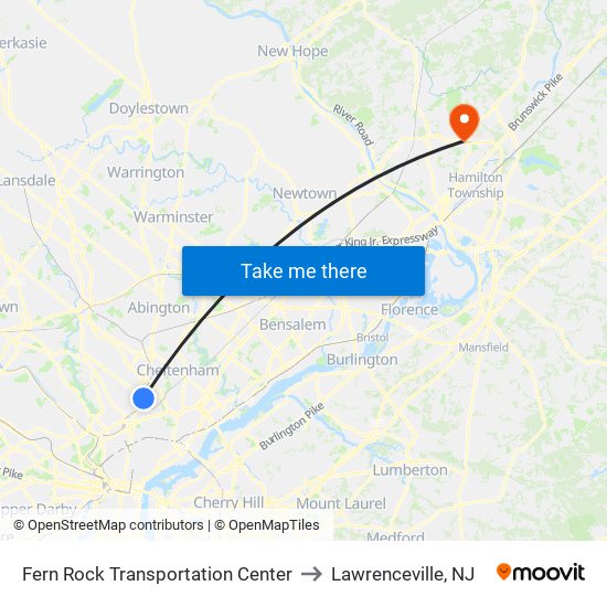 Fern Rock Transportation Center to Lawrenceville, NJ map