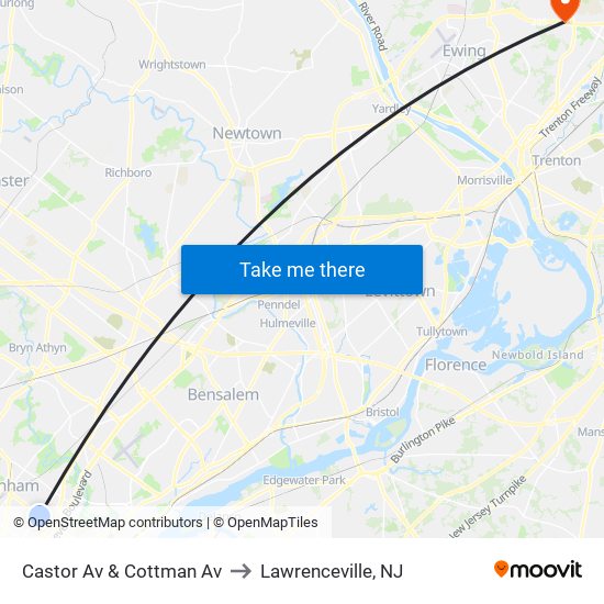 Castor Av & Cottman Av to Lawrenceville, NJ map