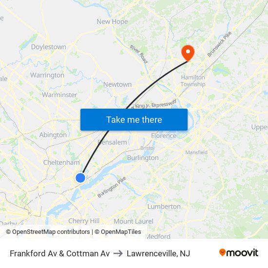 Frankford Av & Cottman Av to Lawrenceville, NJ map