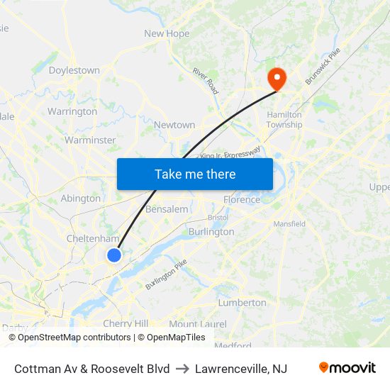 Cottman Av & Roosevelt Blvd to Lawrenceville, NJ map