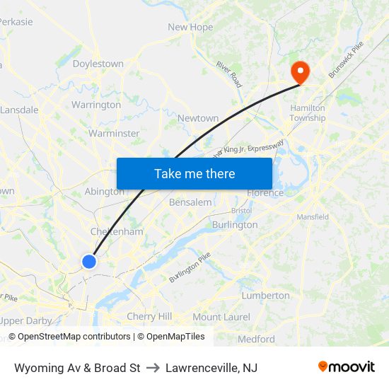 Wyoming Av & Broad St to Lawrenceville, NJ map