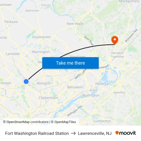 Fort Washington Railroad Station to Lawrenceville, NJ map