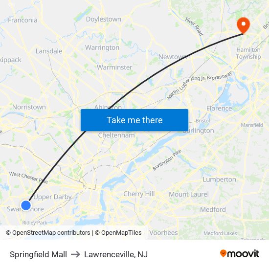 Springfield Mall to Lawrenceville, NJ map