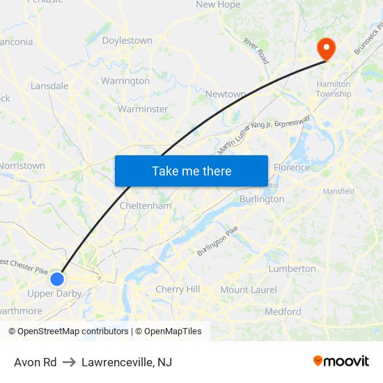 Avon Rd to Lawrenceville, NJ map