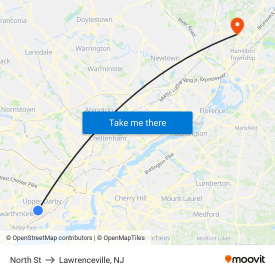 North St to Lawrenceville, NJ map