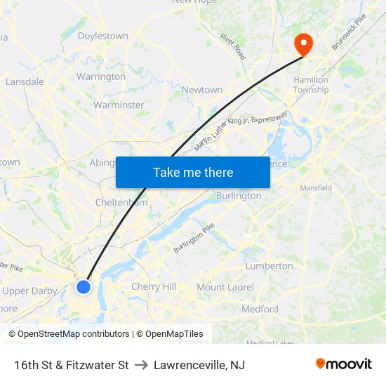 16th St & Fitzwater St to Lawrenceville, NJ map