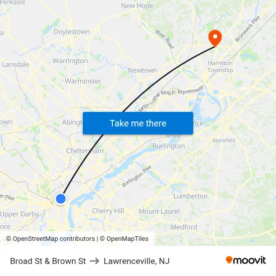 Broad St & Brown St to Lawrenceville, NJ map