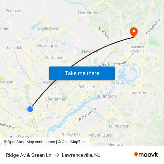Ridge Av & Green Ln to Lawrenceville, NJ map