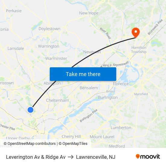 Leverington Av & Ridge Av to Lawrenceville, NJ map