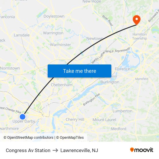 Congress Av Station to Lawrenceville, NJ map