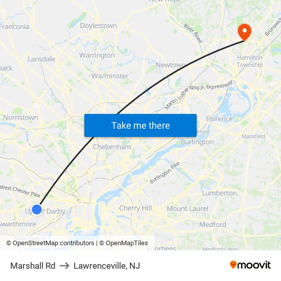 Marshall Rd to Lawrenceville, NJ map