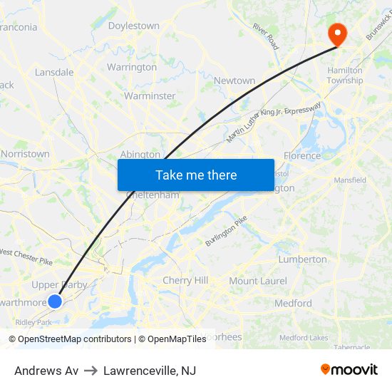 Andrews Av to Lawrenceville, NJ map