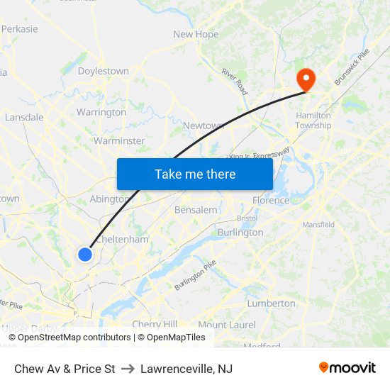 Chew Av & Price St to Lawrenceville, NJ map