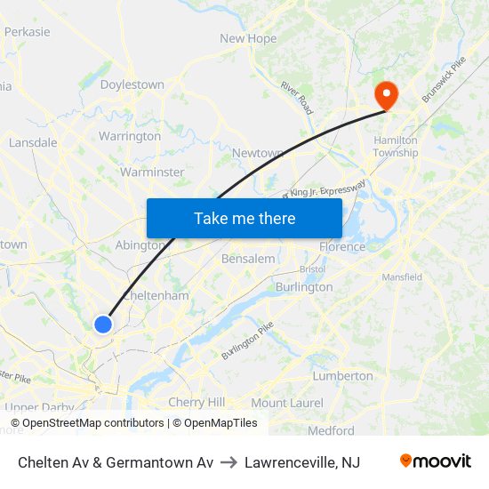 Chelten Av & Germantown Av to Lawrenceville, NJ map