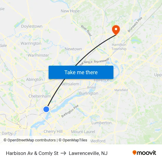 Harbison Av & Comly St to Lawrenceville, NJ map